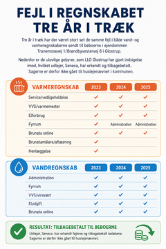 Lejere oplever, at administratorer og udlejere sætter ulovlige gebyrer på både huslejeregninger og vand- og varmeregninger. Her et eksempel fra Glostrup, som Lejernes LO advarer imod. Grafik: LLO vha. AI.