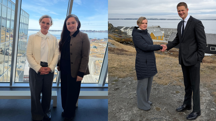 Aftalen er indgået mellem Naalakkersuisoq Nivi Olsen og Storbritanniens ambassadør Victoria Billing (til venstre). Til højre ses ambassadøren med Amaroqs administrerende direktør, Eldur Olafsson - finansieringspartner i stipendiet.