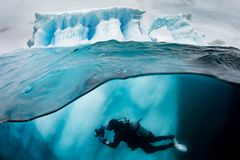Location: Antarctic Peninsula and Scotia Arc, Antarctica 
Expedition Dates: January 2019 
Protection Status: In Progress 
A Pristine Seas diver explores an iceberg off the Antarctic Peninsula. Ocean warming is causing Antarctic ice sheets to break and shrink, which will not only threaten life around Antarctica but will further increase the rate that Earth warms.