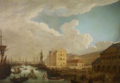 Affotografering. Københavns havn ved Toldboden, 1802.  1700-tallets København blomstrer. Det er en by  
med forbindelser på tværs af verdenshavene. Varer fra Asien, Grønland og Vestindien strømmer til hovedstaden.  Det gør pengene også. Byen vokser; men opsvinget har en brutal skyggeside. Spekulation, slaveri og udnyttelse af mennesker andre steder i verden er byggesten i Københavns vilde vækst. Original på Schleswig-Holsteinische Landesbibliothek, Kiel