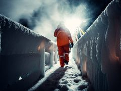 Titel: 'På iskoldt åbent hav'. Lokation: Riga, Letland. Fotograferet af Parwaz Mukadam. Fotografiet indgår i udstillingen Life at Sea på M/S Museet for Søfart. Alle fotos stammer fra ITF Seafarers' Trust's digitale billedarkiv.