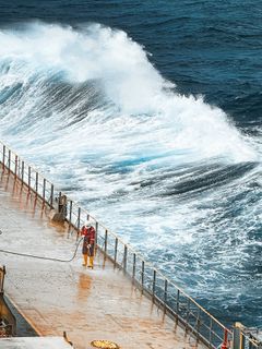 Titel: 'Bølger venter ikke '. Lokation: Det Indiske Ocean. Fotograferet af  Edmar Ogao-ogao, 2025. Fotografiet indgår i udstillingen Life at Sea på M/S Museet for Søfart. Alle fotos stammer fra ITF Seafarers' Trust's digitale billedarkiv.