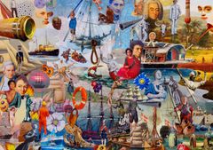 "Spor af handel". Udsnit. Med afsæt i museets samling har kunsteren Javier Tapia skabt et farverigt panaroma over den globale handels historie. Den 24 meter lange collage bliver udstillet på muren i museets historiske tørdok, der for første gang bliver brugt som udstillingsrum. I værket mødes kendte og ukendte brudstykker af historien på tværs af tid og rum. Udstillingen "Spor af handel" kan ses på M/S Museet for Søfart i Helsingør fra d. 7. august.