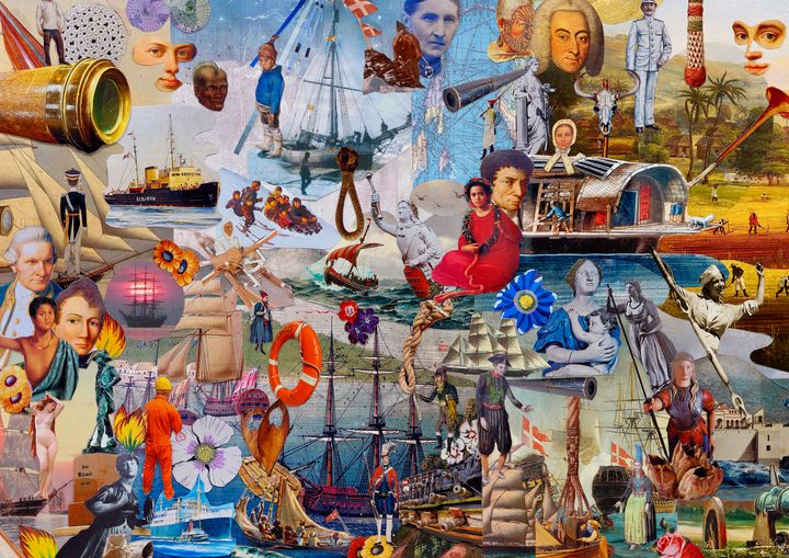 "Spor af handel". Udsnit. Med afsæt i museets samling har kunsteren Javier Tapia skabt et farverigt panaroma over den globale handels historie. Den 24 meter lange collage bliver udstillet på muren i museets historiske tørdok, der for første gang bliver brugt som udstillingsrum. I værket mødes kendte og ukendte brudstykker af historien på tværs af tid og rum. Udstillingen "Spor af handel" kan ses på M/S Museet for Søfart i Helsingør fra d. 7. august.