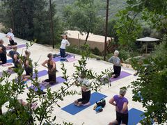 En gruppe gæster fra Tid til ro dyrker yoga på et udendørs yogadæk med udsigt til en autentisk kretensisk bygning af natursten og med grøn natur i baggrunden.