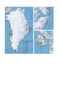 Kort over varme kilder i Grønland med angivelse af vandtemperatur: (a) hele Grønland, (b) Blosseville Kyst og Liverpool Land i Østgrønland samt (c) Qeqertarsuaq i Vestgrønland.
