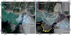 Satellitbilleder der viser fjeldskret i august 2025, gletsjerens positioner siden 1979 og tidligere skred siden 2017. Pane B viser skredets primære linjer og tsunamibølger.