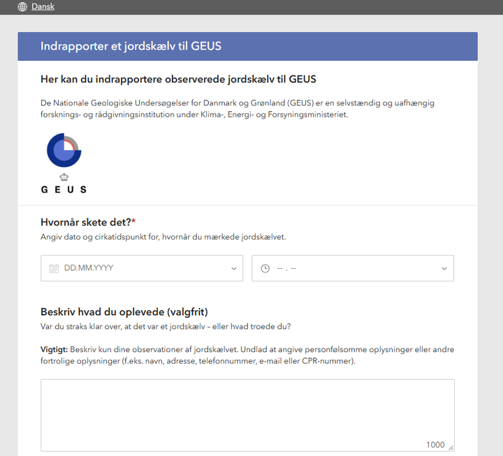 Sådan ser GEUS' nye platform ud. Man kan skifte sprog til grønlandsk og engelsk øverst.
