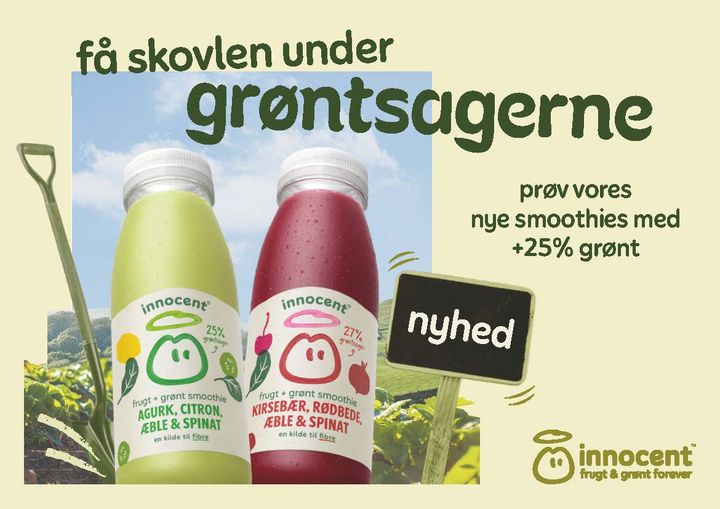 To flasker Innocent smoothies med teksten "Få skovlen under grøntsagerne" og "nyhed".