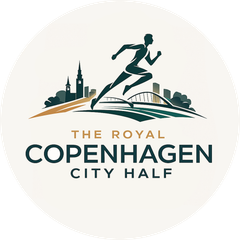 Logo for Royal Copenhagen City Half, featuring a runner with city landmarks in the background.