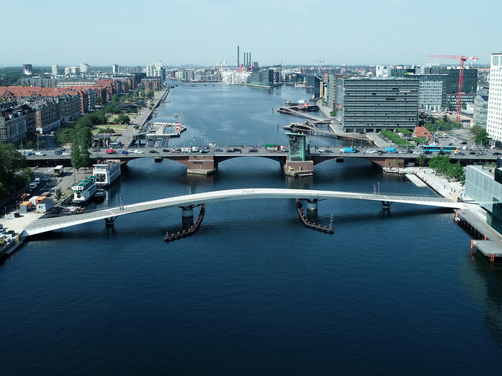 Luftfoto af Københavns havnefront med broer, bygninger og vand.