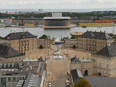 Luftfoto af Amalienborg med Operahuset i baggrunden og vandet imellem.