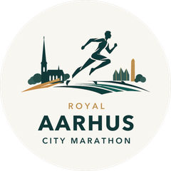 Rundt logo for Royal Aarhus City Marathon med løber og Aarhus' silhuet