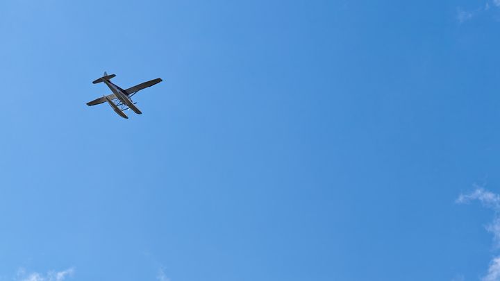 Billedet forestiller en vandflyver op mod en blå himmel