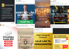 Der er ni billeder af svindelannoncer med fokus på lån og økonomisk hjælp fra forskellige kilder.