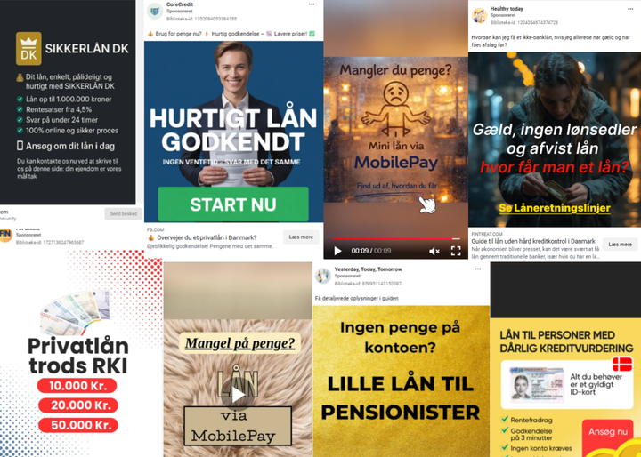 Der er ni billeder af svindelannoncer med fokus på lån og økonomisk hjælp fra forskellige kilder.