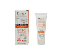 Billede af DISAAR solcreme, der hævder SPF 90 på pakken, men som er målt til SPF 1,5 med lav UVA-beskyttelse. Indkøbt fra AliExpress.