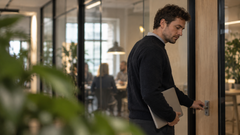 AI genereret pressefoto af mand med laptop, der åbner dør til mødelokale.