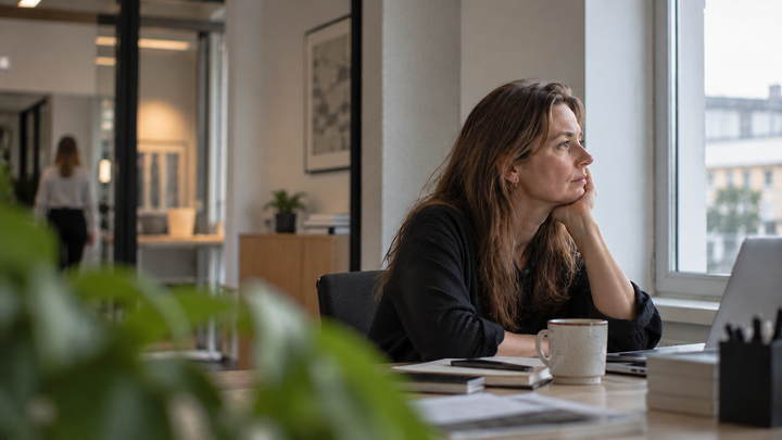 Ai genereret pressefoto af arbejdende kvinde, der ser eftertænksomt ud af vinduet