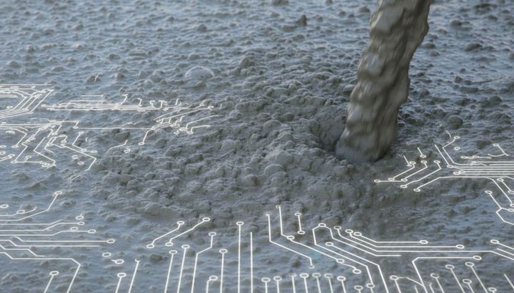 AI-genereret billede af betonstøbning kombineret med grafik af elektroniske kredsløb.