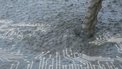 Ny digital teknologi kan gøre betonproduktionen langt mere præcis. Det vil give besparelser på både råvarer og CO2, og bringe branchen et vigtigt skridt nærmere både danske og internationale klimaambitioner. AI genereret foto- og grafik montage: Teknologisk Institut