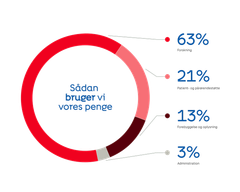 Diagram viser den procentuelle fordeling af Kræftens Bekæmpelses aktivitetsbestemte udgifter for 2025