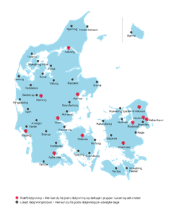Oversigtskort viser Kræftens Bekæmpelses 12 kræftrådgivninger og 34 rådgivningstilbud