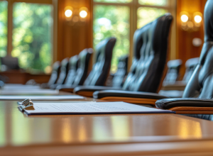 Tom byrådssal med tomme stole og dagsorden liggende på bordene