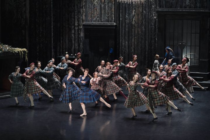 Alexander Bozinoff as James and Agnes Rosendahl as Effy with corps de ballet of The Royal Danish Ballet in "La Sylphide". Photo: Camilla Winther