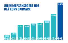 GRAFIK: Antallet af familier, der søger julehjælp hos Blå Kors Danmark, er steget voldsomt de seneste år.