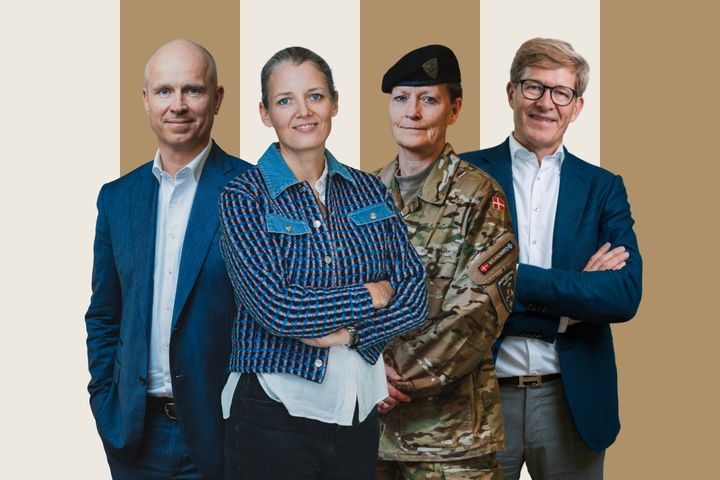 De fire nominerede til prisen som Årets Leder er (set fra venstre) Gregers Wedell-Wedellsborg fra Matas, Mette Lykke fra Too Good to Go, Jette Albinus fra Forsvaret og Niels B. Christiansen fra Lego.