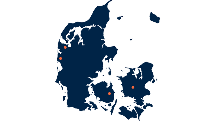 Danmarkskort, hvor placeringen af de fire statslige projekter er markeret