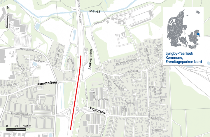 Kort over strækningen, hvor støjskærmen opsættes