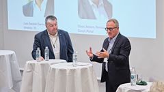 Adm. direktør Lars Sandahl Sørensen, Dansk Industri, og forbundsformand Claus Jensen, Dansk Metal, deltog torsdag eftermiddag i valgdebat om unge og det kommende valg til kommunalbestyrelserne på Odinskolen i Odense. Foto: Rico Feldfoss.