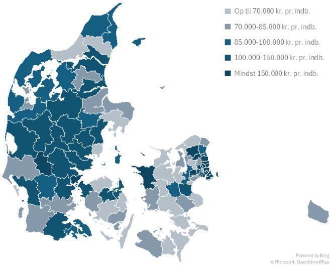 Samfundsbidraget fordelt efter virksomhedernes placering. Find din kommune på listen nederst i artiklen. Kilde: Danmarks Statistik, Indenrigs- og Sundhedsministeriet og DI.