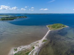 Luftfoto af en kystlinje med klart blåt vand og grønne områder under en skyfri himmel.