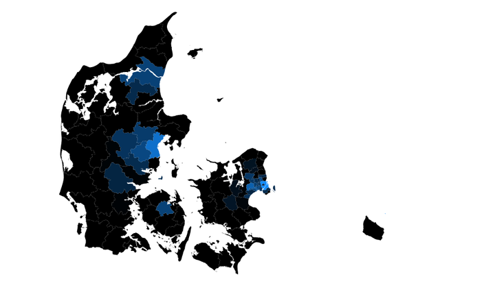 Andelen af +66-årige i landets kommuner i 2050. Lyseblå har under 15 procent, mens sorte kommuner har 25 procent eller derover. Kilde: Danmarks Statistik