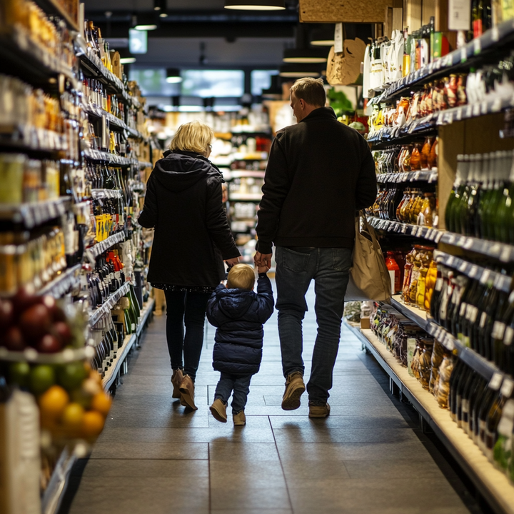 Et forældrepar og deres barn i en dagligvarebutik