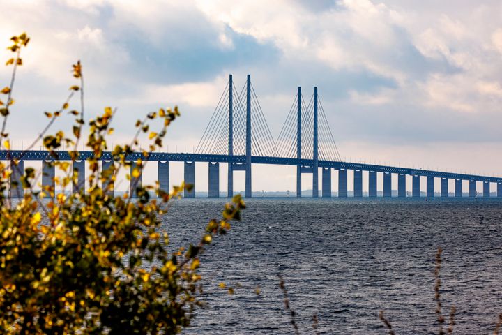 Billede af Øresundsbronn set fra kysten med vand og himmel i baggrunden.