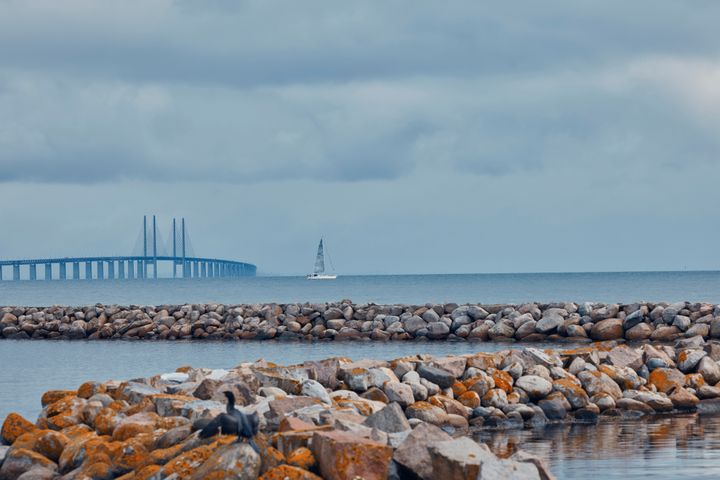 Billede af Øresundsbroen og havet med en båd i baggrunden under en overskyet himmel.