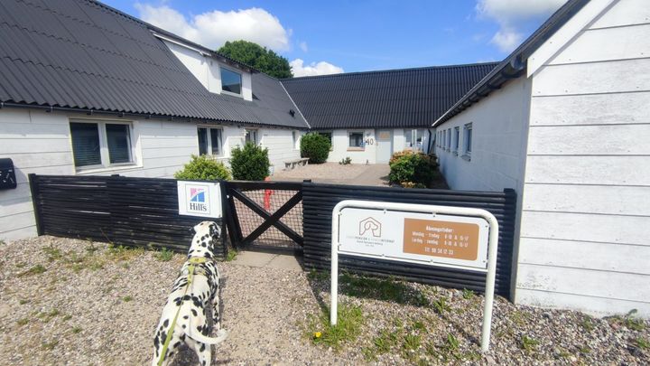 Billede af trelænget internatsbygning, hvid med sort tag. Helt fremme i billedet ses et skilt, hvor der står Dansk Dyreværn Aalborg.