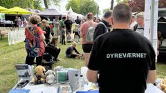 Billede af Dyreværnets stand på Roskilde Dyrskue i 2025. På billedet ses en mand stå på stand, og på ryggen af ham står der Dyreværnet. Foran ham står en masse mennesker på en græsplæne, og der er udsigt til flere stande på dyrskuet.