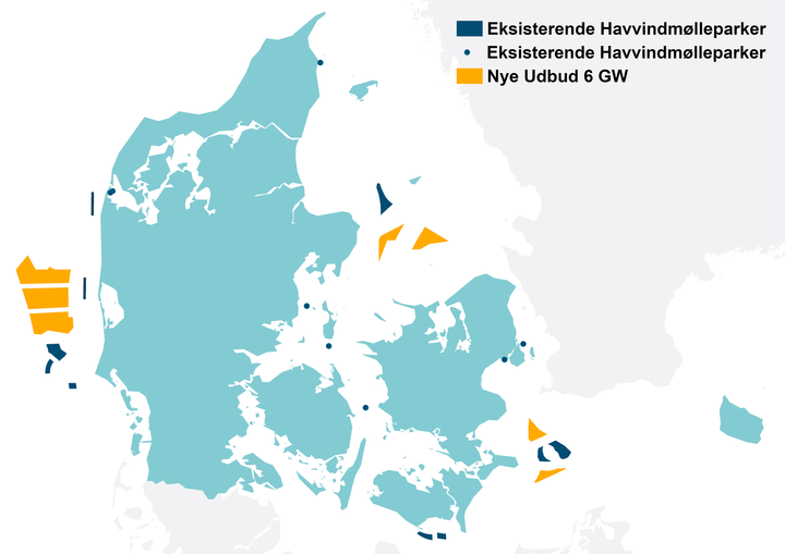 Kort over de udbudte parker samt eksisterende havvindmølleparker i Danmark