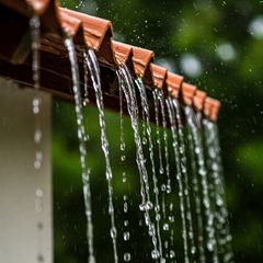 Regnvand drypper fra et rødt tagudhæng mod en grøn, sløret baggrund.