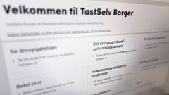 Billede af en skærm, der viser TastSelv Borger hjemmesiden med forskellige valgmuligheder relateret til skat, såsom årsopgørelse og forskudsopgørelse.