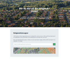En hjemmeside med en overskrift om boligselskabsskat i 2026 og en boligselseskatsberegner.